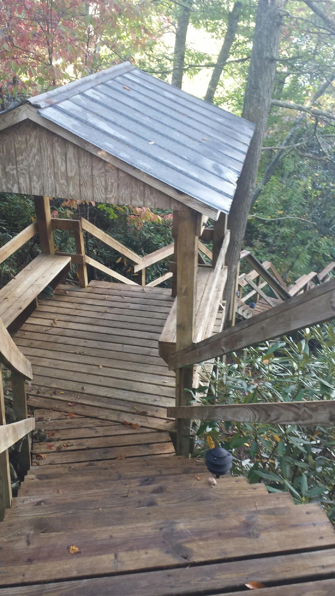 Metal roofed shelter over wooden steps on a wooded walkway — Skylight Repair & Installation work by our crew in Mc Connellsburg